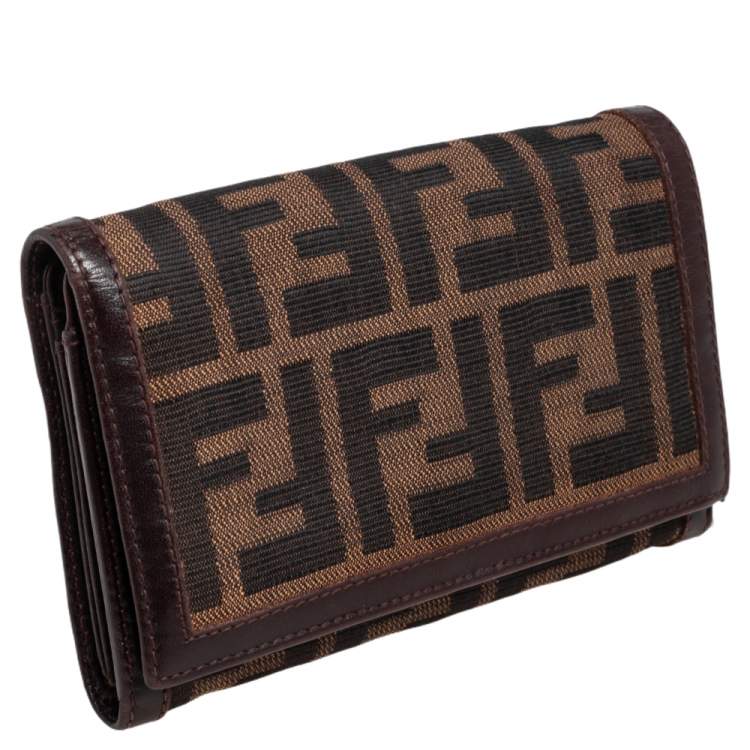 Pre Owned Fendi Tobacco Zucca Canvas and Leather Trim Flap Wallet