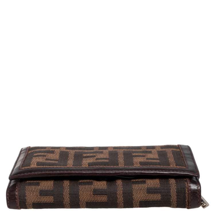 Pre Owned Fendi Tobacco Zucca Canvas and Leather Trim Flap Wallet