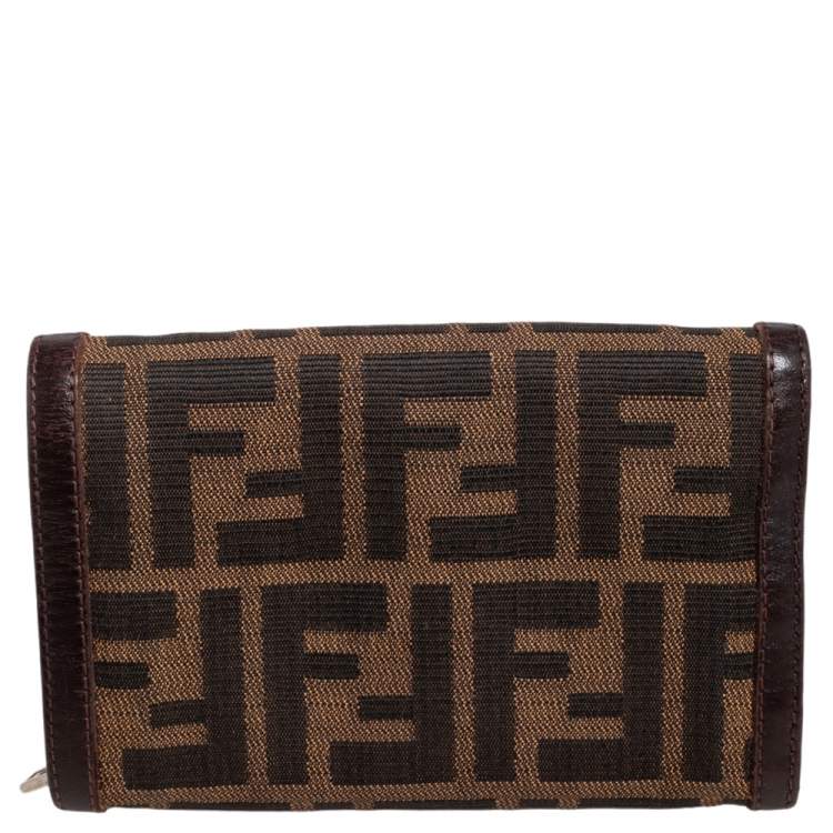 Pre Owned Fendi Tobacco Zucca Canvas and Leather Trim Flap Wallet