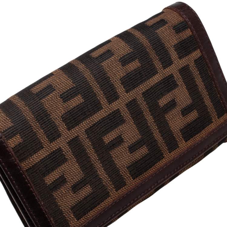 Pre Owned Fendi Tobacco Zucca Canvas and Leather Trim Flap Wallet