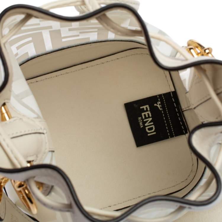 Pre Owned Fendi White Zucca PVC and Leather Mini Mon Tresor Drawstring Bucket Bag