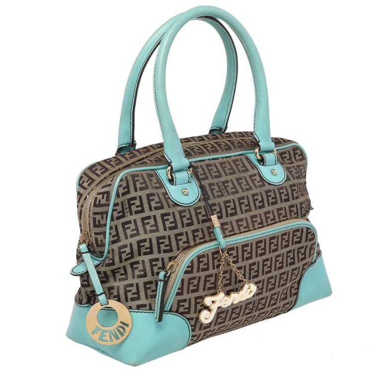 Pre Owned Fendi Brown/Turquoise Zucchino Canvas And Leather Satchel