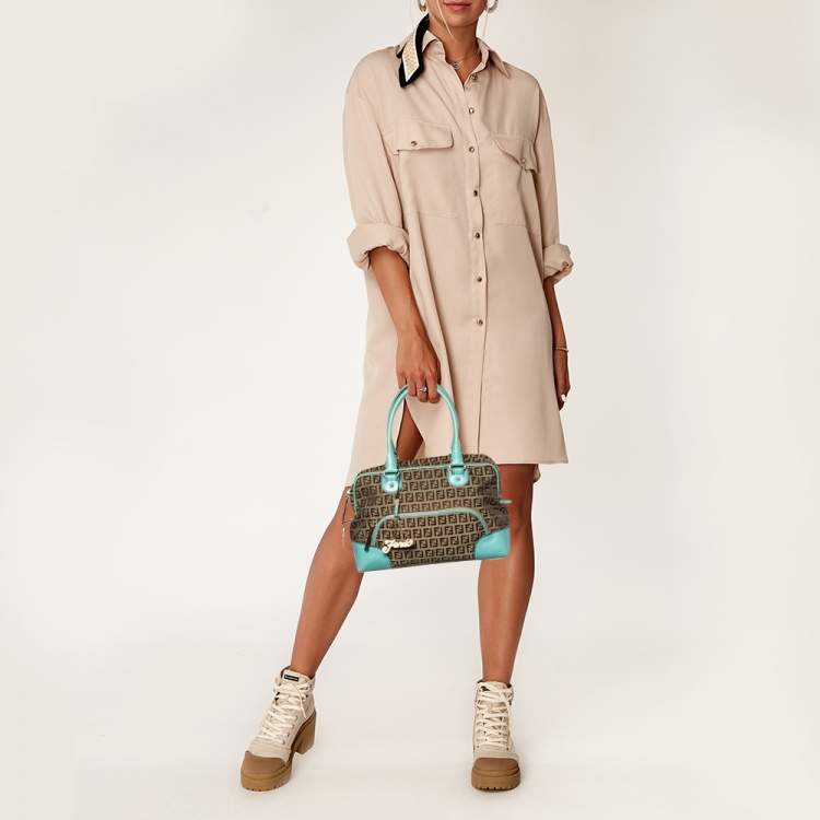 Pre Owned Fendi Brown/Turquoise Zucchino Canvas And Leather Satchel