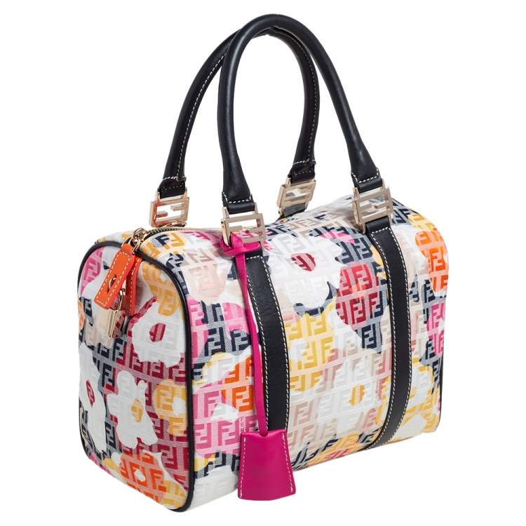 Pre Owned Fendi Multicolor Printed Zucchino Canvas and Leather Forever Bauletto Boston Bag