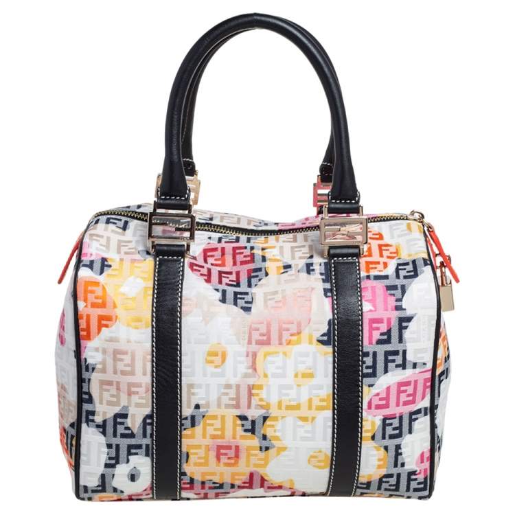 Pre Owned Fendi Multicolor Printed Zucchino Canvas and Leather Forever Bauletto Boston Bag
