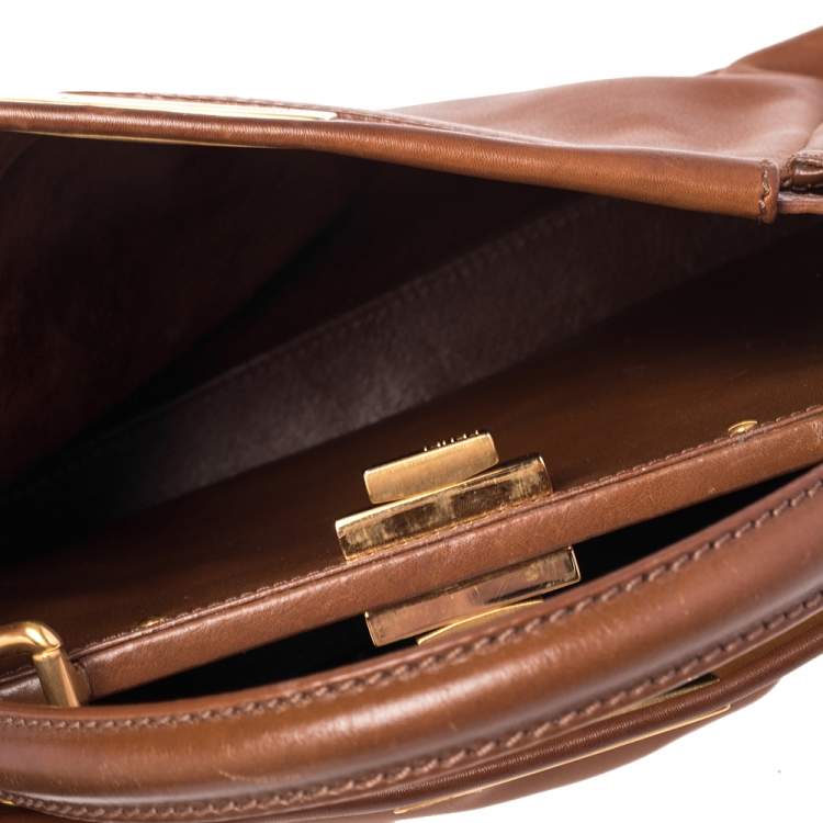 Pre Owned Fendi Brown Leather Medium Peekaboo Top Handle Bag