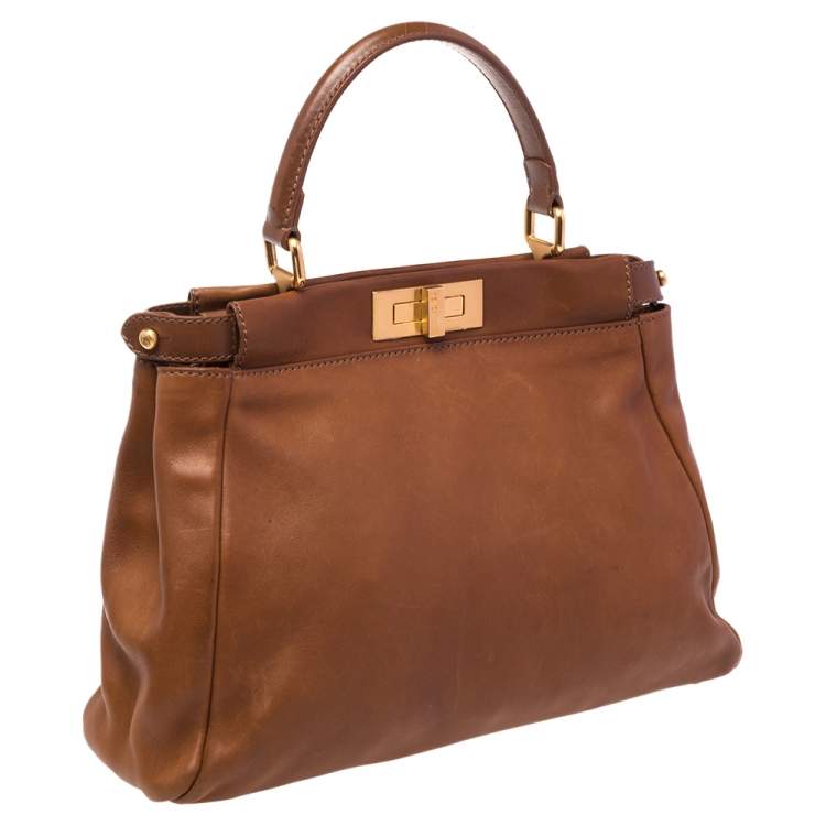 Pre Owned Fendi Brown Leather Medium Peekaboo Top Handle Bag
