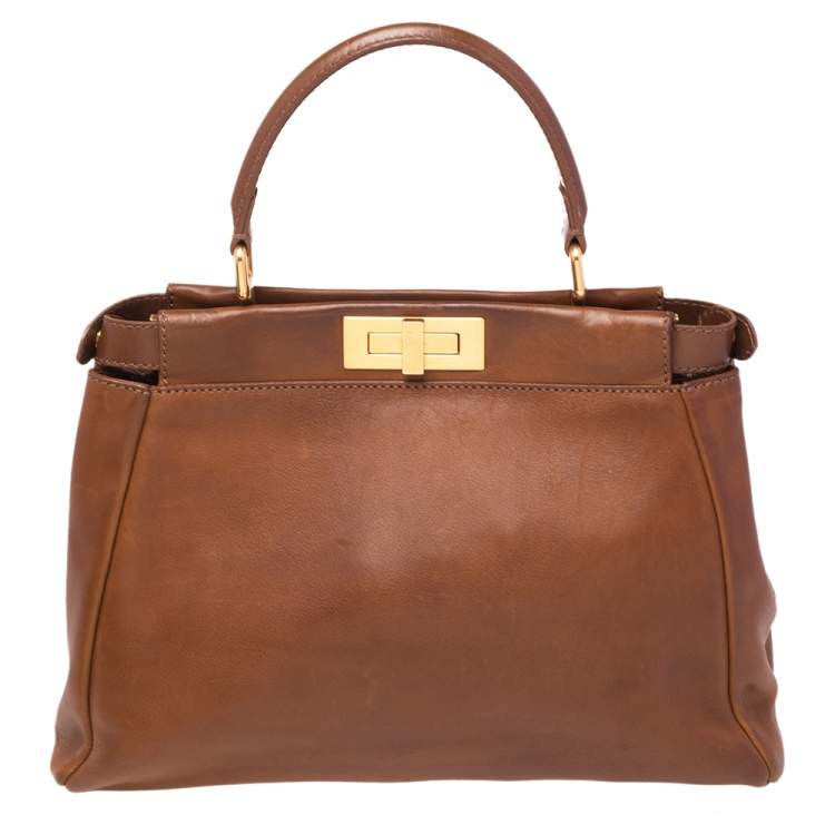 Pre Owned Fendi Brown Leather Medium Peekaboo Top Handle Bag