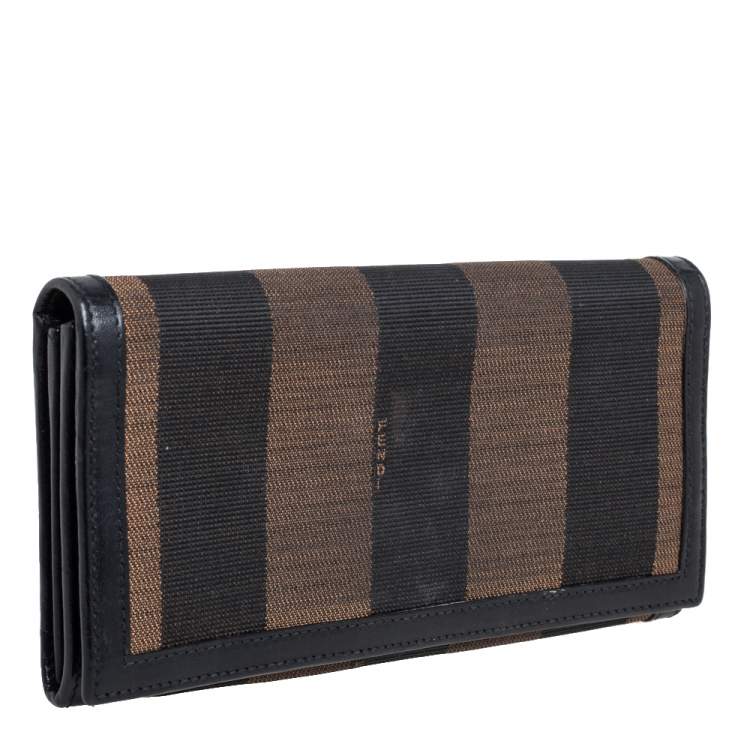 Pre Owned Fendi Brown/Black Pequin Stripe Canvas and Leather Flap Continental Wallet
