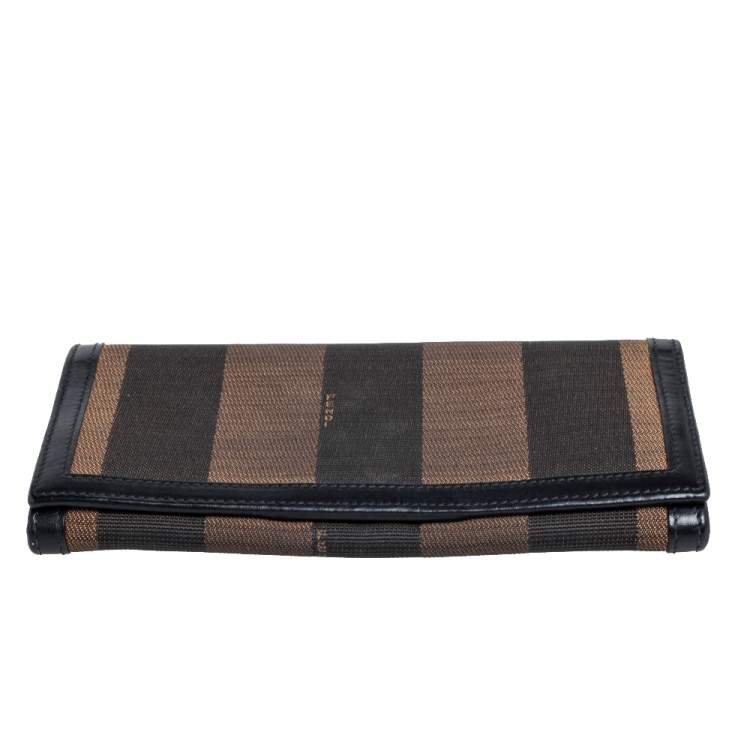 Pre Owned Fendi Brown/Black Pequin Stripe Canvas and Leather Flap Continental Wallet