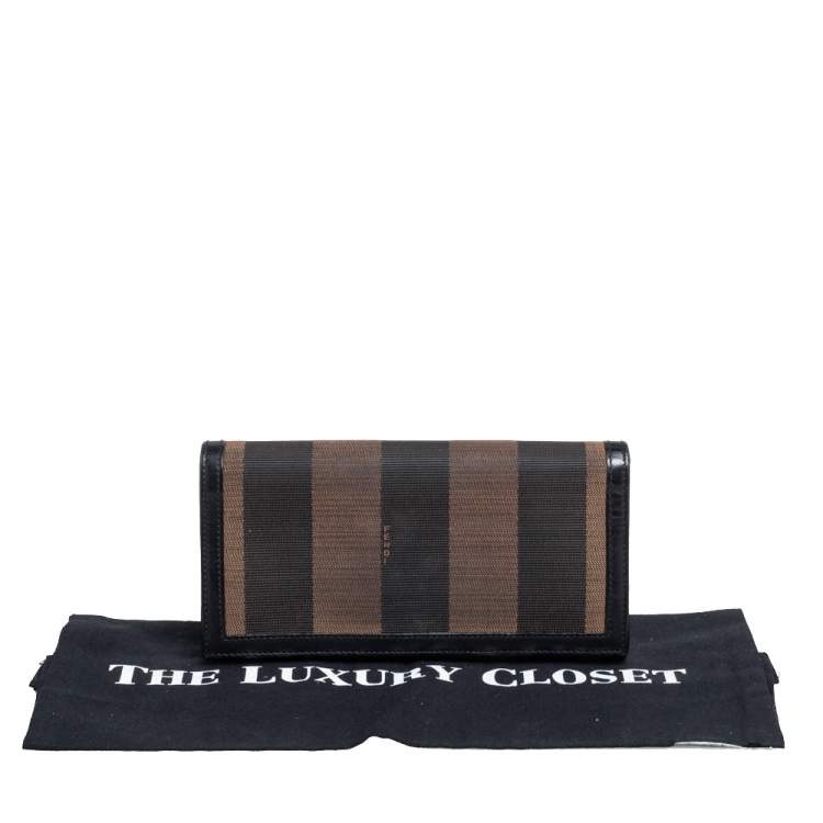 Pre Owned Fendi Brown/Black Pequin Stripe Canvas and Leather Flap Continental Wallet