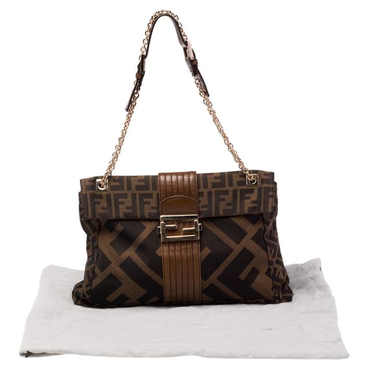 Pre Owned Fendi Tobacco Zucca Canvas and Leather Maxi Baguette Flap Shoulder Bag