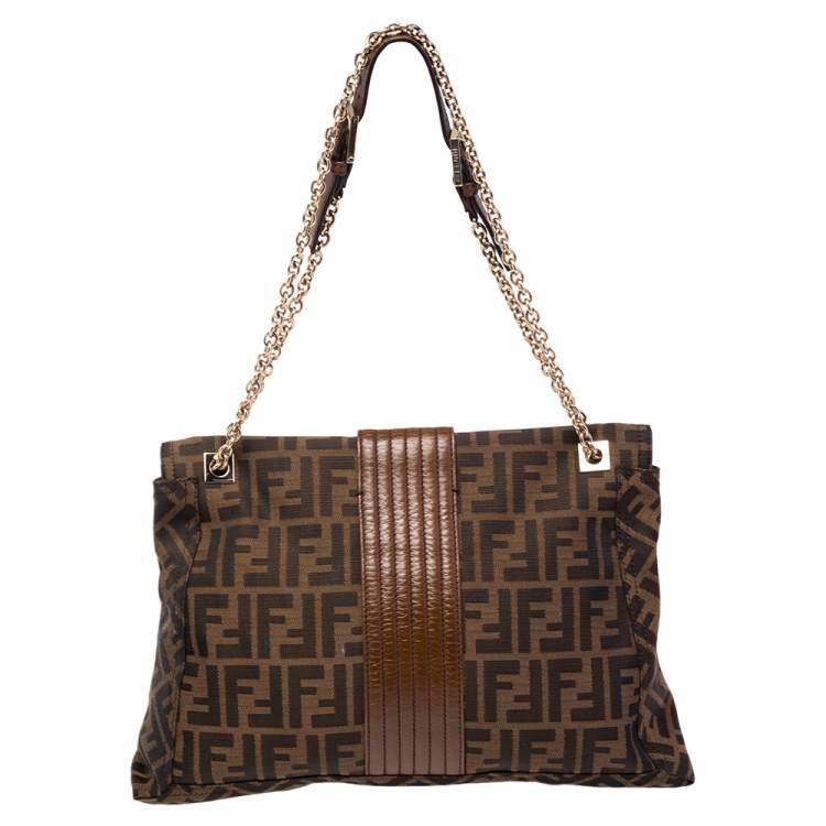 Pre Owned Fendi Tobacco Zucca Canvas and Leather Maxi Baguette Flap Shoulder Bag