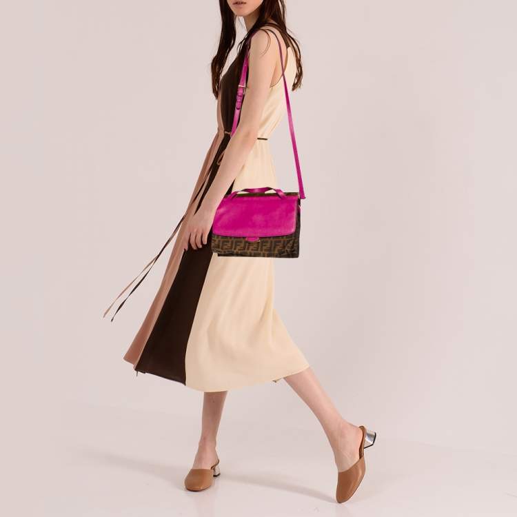 Pre Owned Fendi Brown/Pink Canvas And Leather Small Demi Jour Top Handle Bag