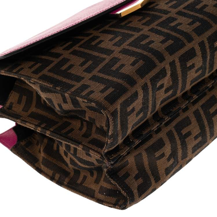 Pre Owned Fendi Brown/Pink Canvas And Leather Small Demi Jour Top Handle Bag