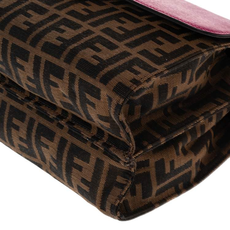 Pre Owned Fendi Brown/Pink Canvas And Leather Small Demi Jour Top Handle Bag