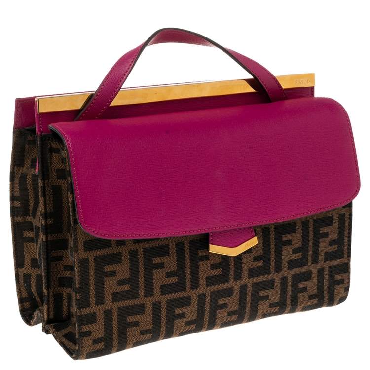 Pre Owned Fendi Brown/Pink Canvas And Leather Small Demi Jour Top Handle Bag