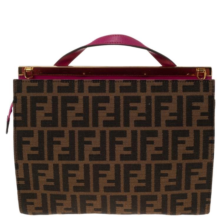 Pre Owned Fendi Brown/Pink Canvas And Leather Small Demi Jour Top Handle Bag