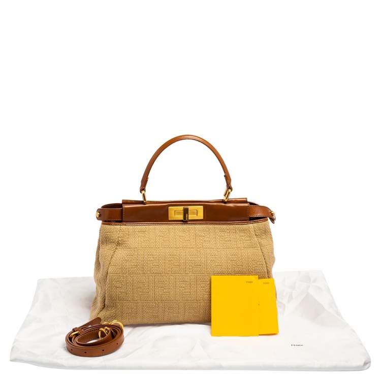 Pre Owned Fendi Beige/Brown Logo Canvas and Leather Medium Peekaboo Top Handle Bag