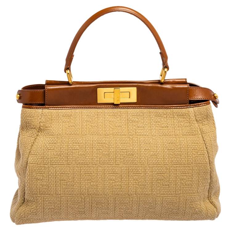 Pre Owned Fendi Beige/Brown Logo Canvas and Leather Medium Peekaboo Top Handle Bag