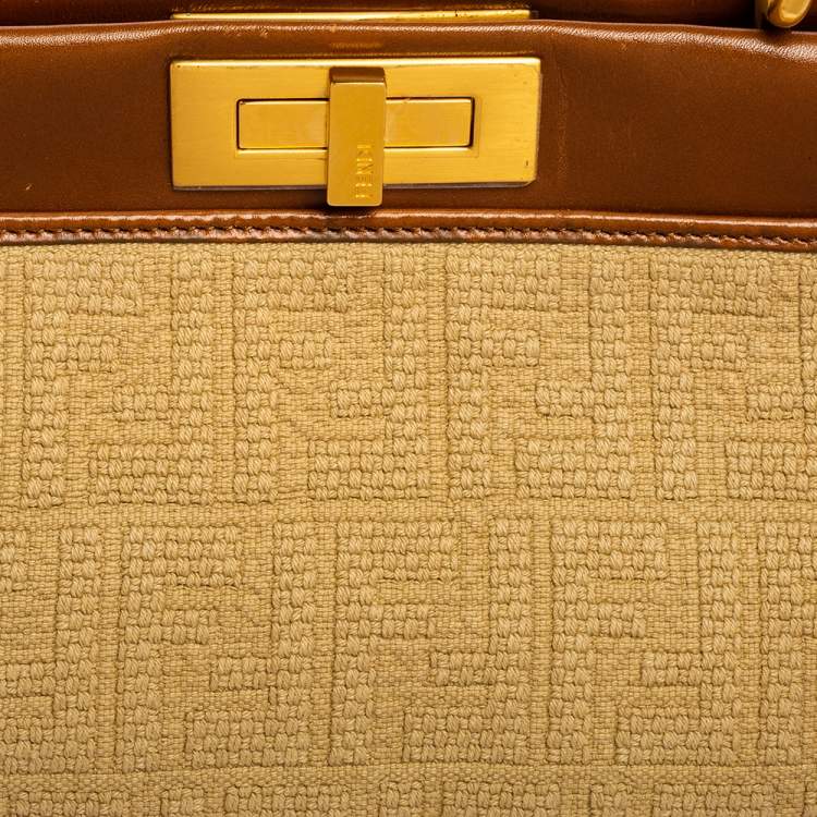 Pre Owned Fendi Beige/Brown Logo Canvas and Leather Medium Peekaboo Top Handle Bag