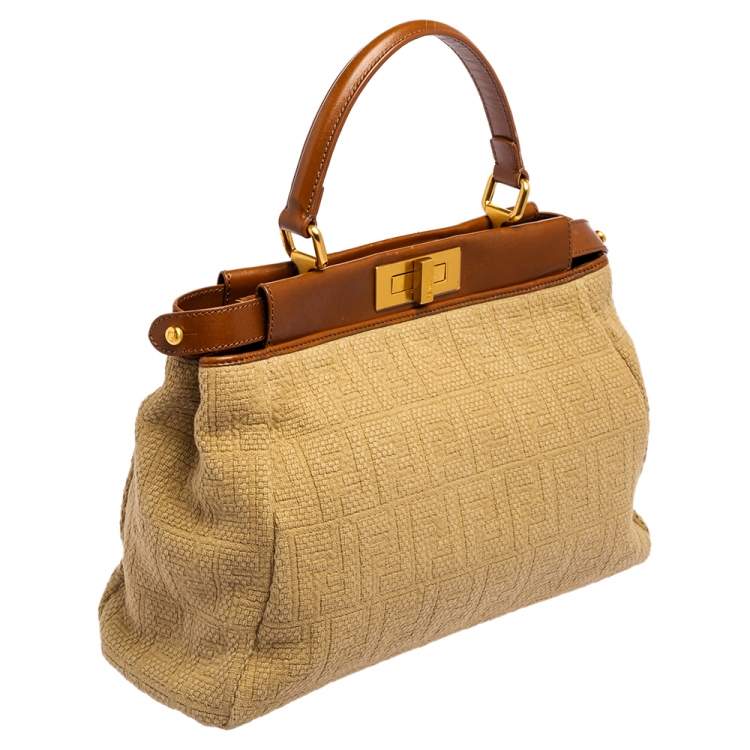 Pre Owned Fendi Beige/Brown Logo Canvas and Leather Medium Peekaboo Top Handle Bag