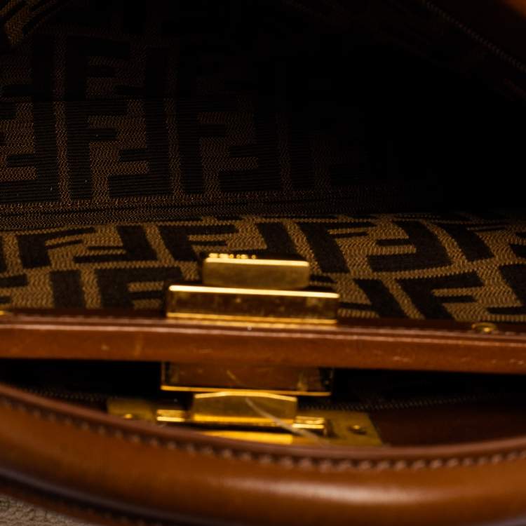 Pre Owned Fendi Beige/Brown Logo Canvas and Leather Medium Peekaboo Top Handle Bag