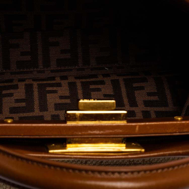 Pre Owned Fendi Beige/Brown Logo Canvas and Leather Medium Peekaboo Top Handle Bag