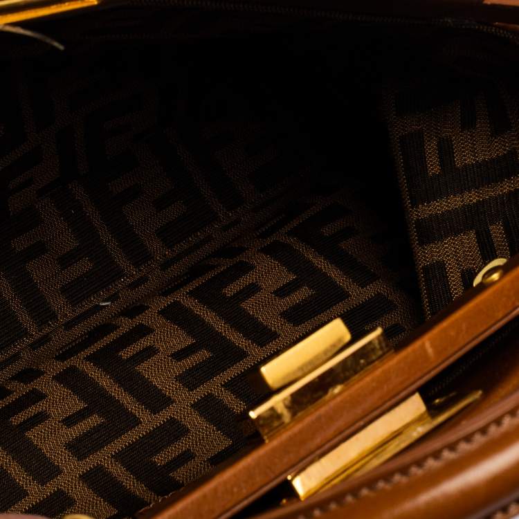 Pre Owned Fendi Beige/Brown Logo Canvas and Leather Medium Peekaboo Top Handle Bag