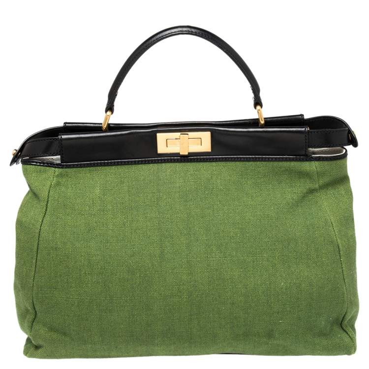 مملوكة مسبقًا Fendi Green/Black Canvas and Leather Beaded Large Peekaboo Top Handle Bag