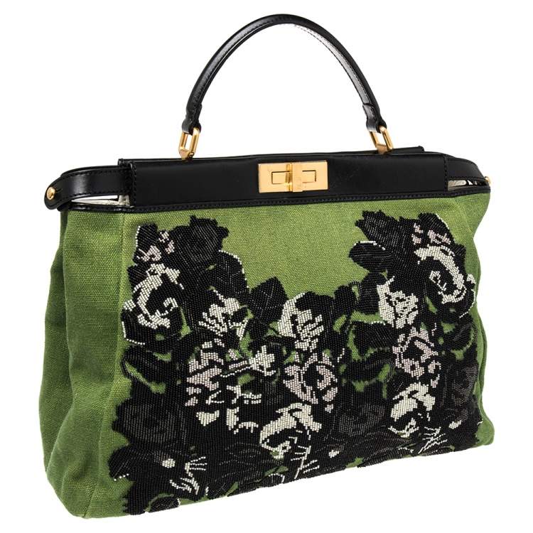مملوكة مسبقًا Fendi Green/Black Canvas and Leather Beaded Large Peekaboo Top Handle Bag
