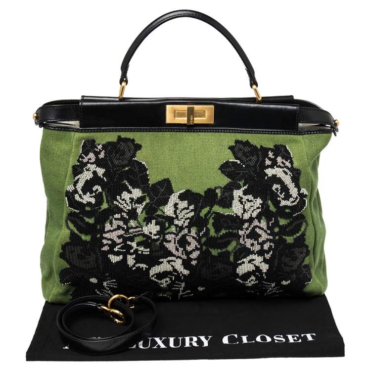 مملوكة مسبقًا Fendi Green/Black Canvas and Leather Beaded Large Peekaboo Top Handle Bag