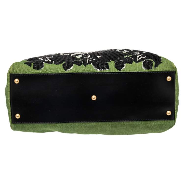 مملوكة مسبقًا Fendi Green/Black Canvas and Leather Beaded Large Peekaboo Top Handle Bag
