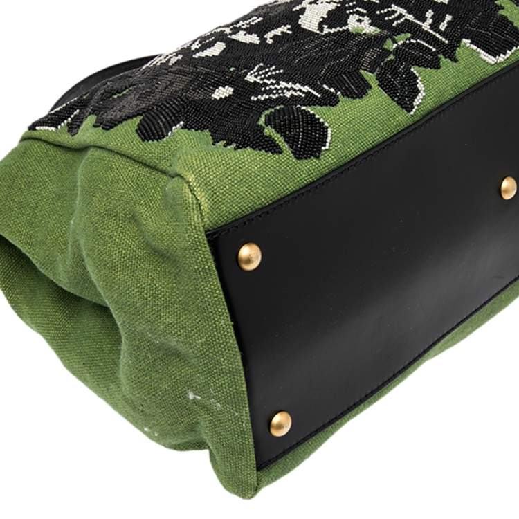 مملوكة مسبقًا Fendi Green/Black Canvas and Leather Beaded Large Peekaboo Top Handle Bag