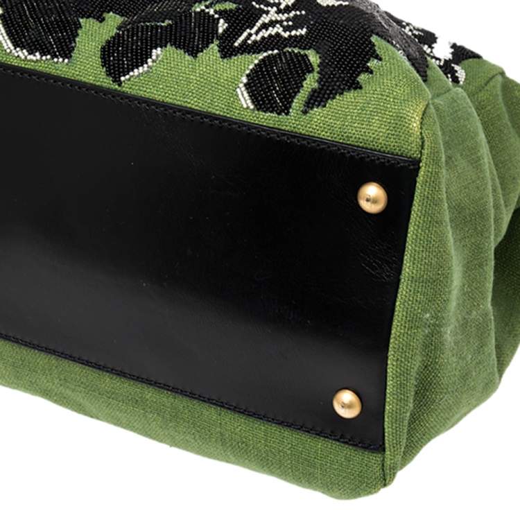 مملوكة مسبقًا Fendi Green/Black Canvas and Leather Beaded Large Peekaboo Top Handle Bag