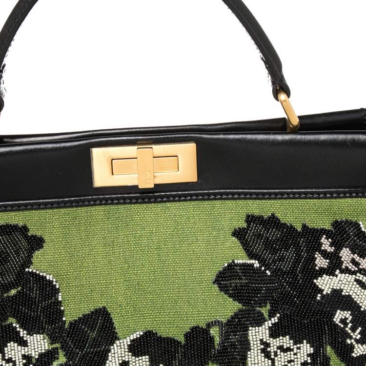 مملوكة مسبقًا Fendi Green/Black Canvas and Leather Beaded Large Peekaboo Top Handle Bag