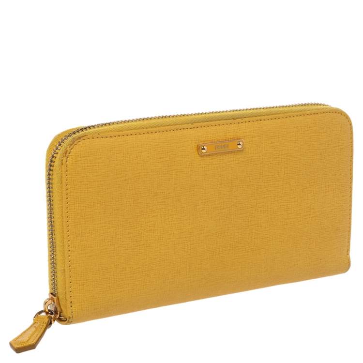 Pre Owned Fendi Yellow Leather Zip Around Wallet