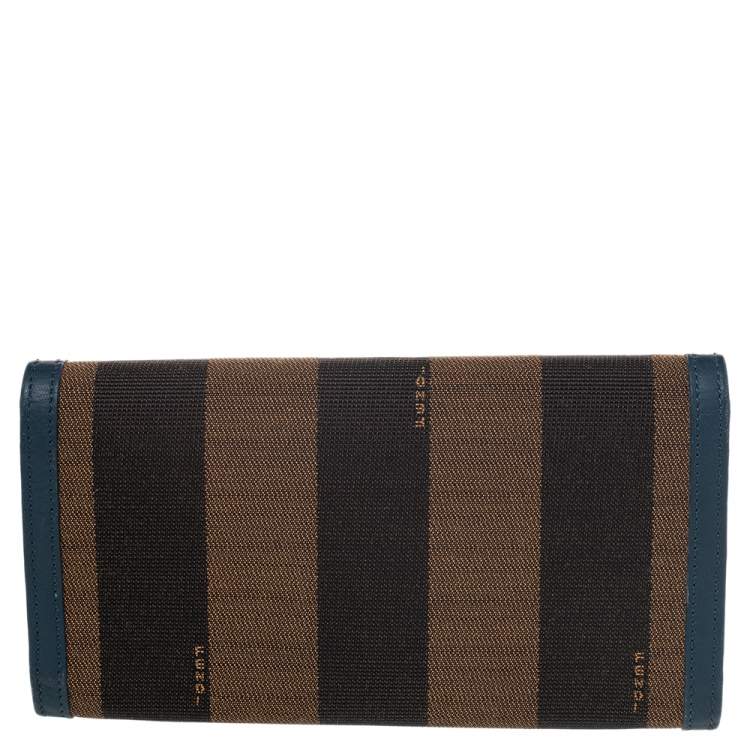 Pre Owned Fendi Brown/Blue Pequin Stripe Canvas And Leather Flap Continental Wallet