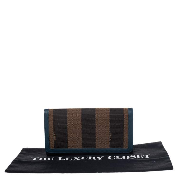 Pre Owned Fendi Brown/Blue Pequin Stripe Canvas And Leather Flap Continental Wallet