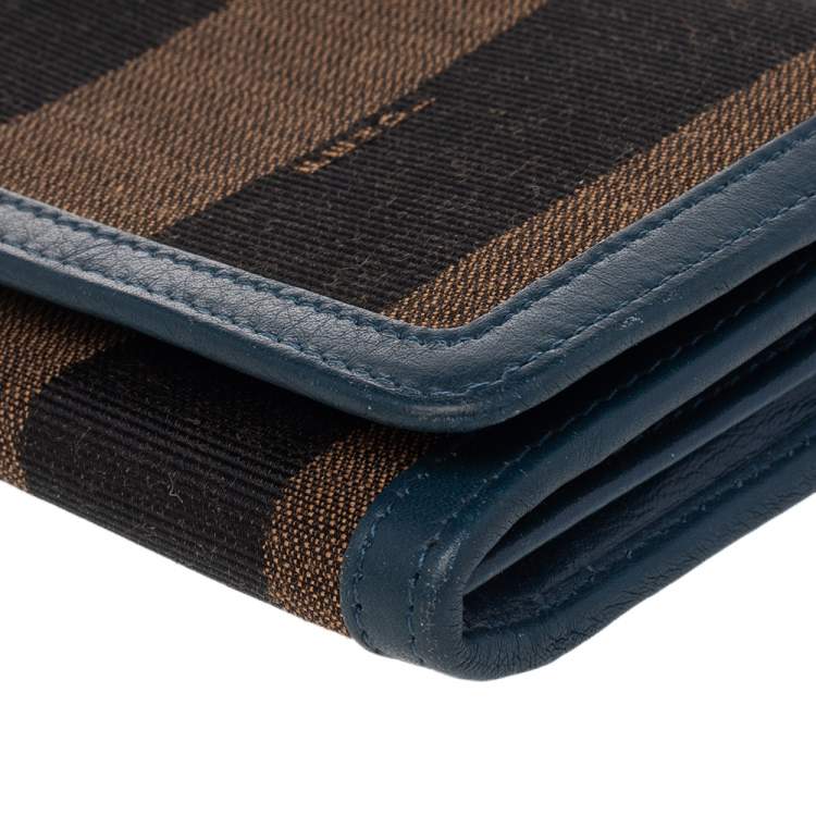 Pre Owned Fendi Brown/Blue Pequin Stripe Canvas And Leather Flap Continental Wallet