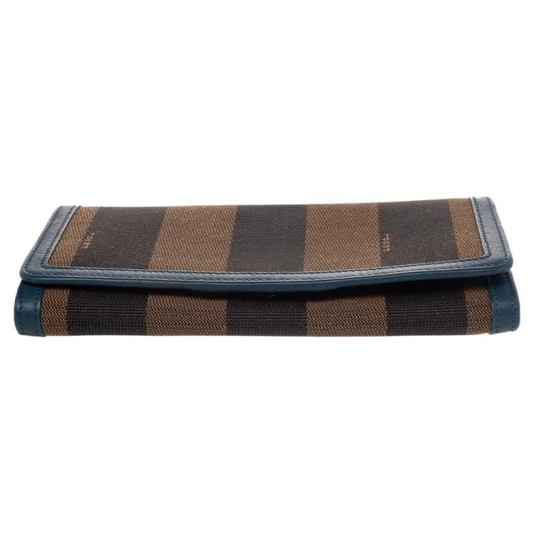 Pre Owned Fendi Brown/Blue Pequin Stripe Canvas And Leather Flap Continental Wallet
