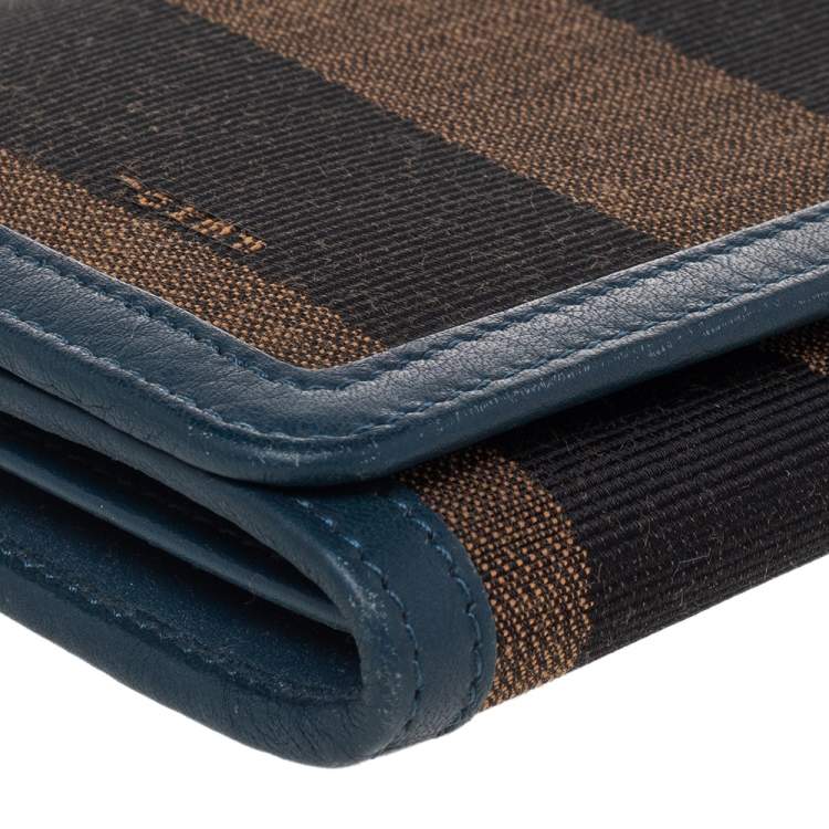 Pre Owned Fendi Brown/Blue Pequin Stripe Canvas And Leather Flap Continental Wallet