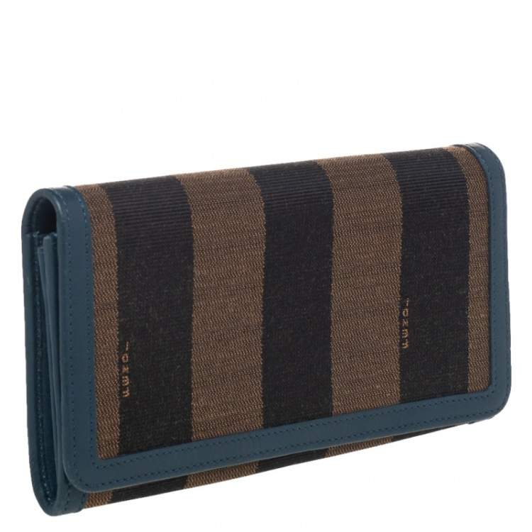 Pre Owned Fendi Brown/Blue Pequin Stripe Canvas And Leather Flap Continental Wallet