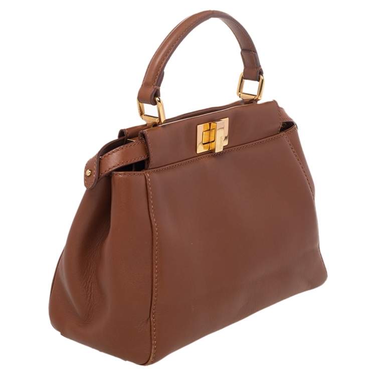 Pre Owned Fendi Brown Leather Peekaboo Top Handle Bag