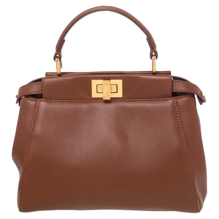 Pre Owned Fendi Brown Leather Peekaboo Top Handle Bag
