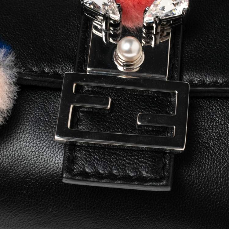 Pre Owned Fendi Black Leather and Fur Trim Micro Buggie Baguette Shoulder Bag