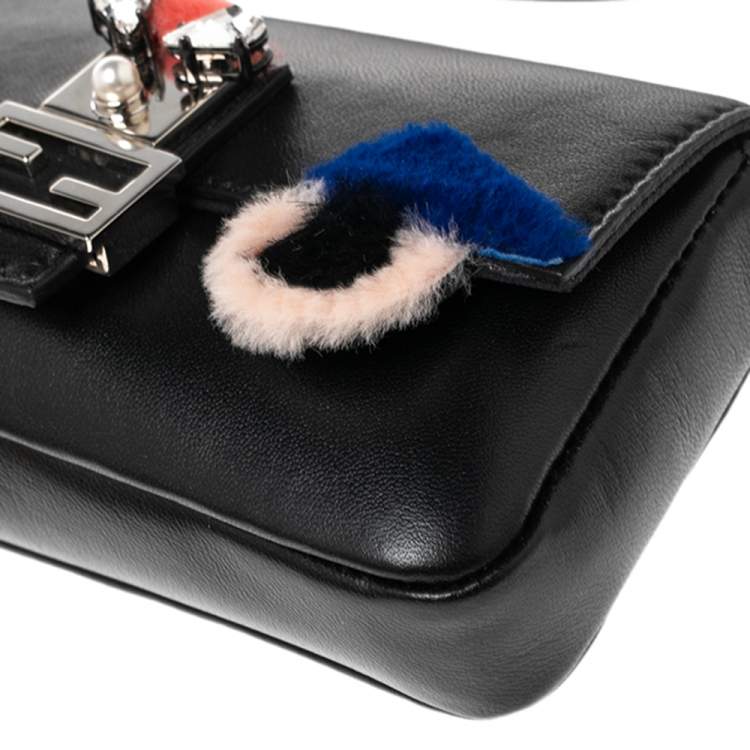 Pre Owned Fendi Black Leather and Fur Trim Micro Buggie Baguette Shoulder Bag