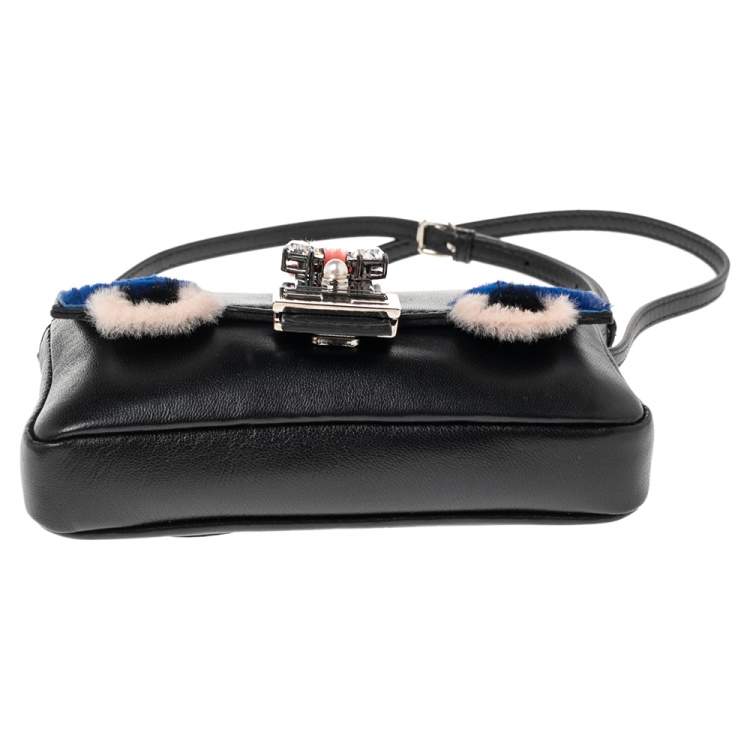Pre Owned Fendi Black Leather and Fur Trim Micro Buggie Baguette Shoulder Bag