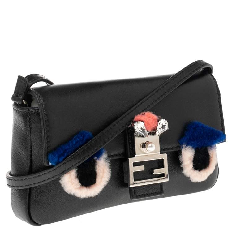 Pre Owned Fendi Black Leather and Fur Trim Micro Buggie Baguette Shoulder Bag