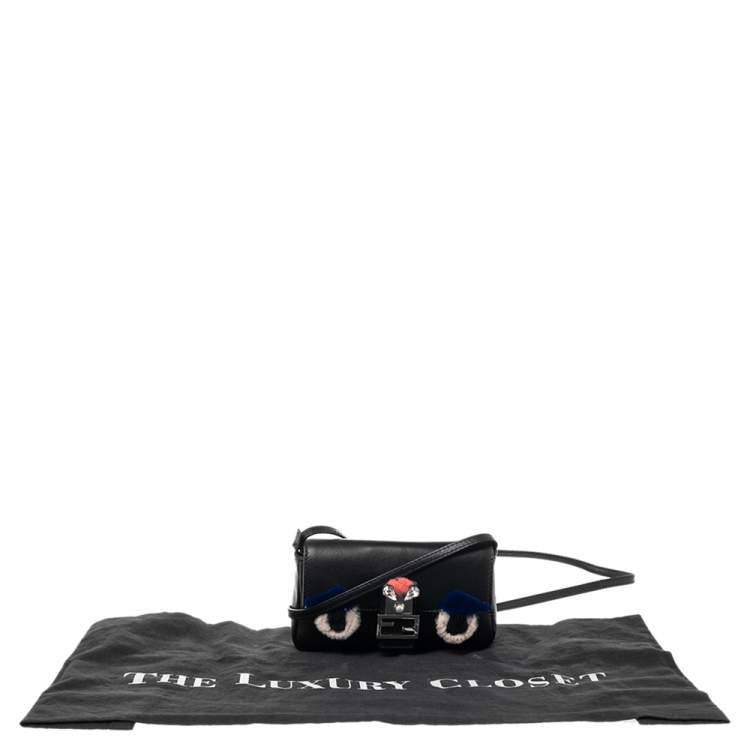Pre Owned Fendi Black Leather and Fur Trim Micro Buggie Baguette Shoulder Bag